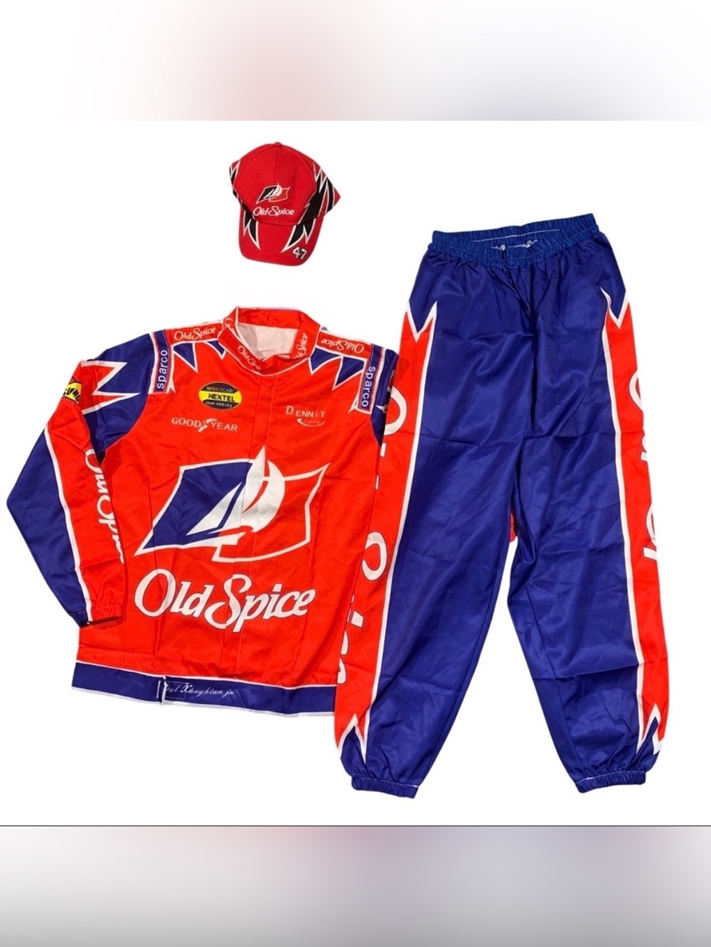 Old Spice Red and Blue Racing Jacket, Pants & Cap Set